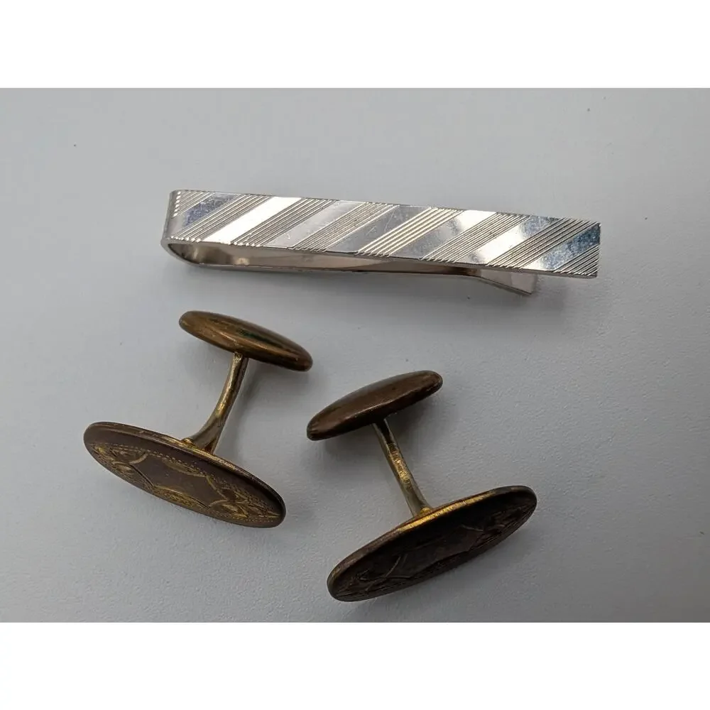 VTG Krementz Silver Tone Tie Clip Engraved Brass Gold Tone Cufflinks & Set